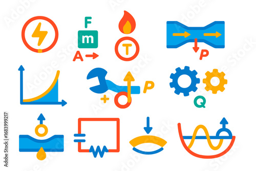 Engineering Icons Set. Flat vector icons of engineering formulas and concepts: Ohm’s law, Newton’s laws, thermodynamics symbol,