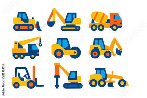 Construction Vehicle Icons. Flat vector icons of construction vehicles: bulldozer icon, excavator icon, cement mixer, dump truck,