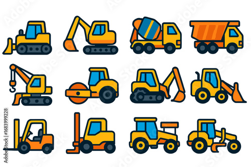 Construction Vehicle Icons. Flat vector icons of construction vehicles: bulldozer icon, excavator icon, cement mixer, dump truck,