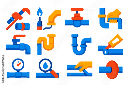 Modern Plumbing Icons. Flat vector icons of plumbing installation: pipe threading, joint soldering, valve placement, pipe