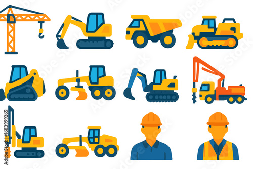 Heavy Construction Icons. Flat vector icons of heavy construction: crane tower, crawler excavator, articulated dump truck, tracked
