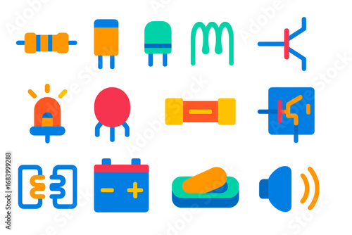 Vibrant Electrical Icons. Flat vector icons of electrical components: resistor icon, capacitor icon, inductor icon, diode icon,