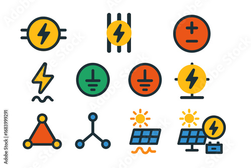 Electrical System Icons. Flat vector icons of electrical system types: single-phase icon, three-phase icon, DC power icon, AC