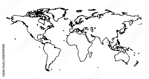 A simple world map outline showing the continents and major landmasses