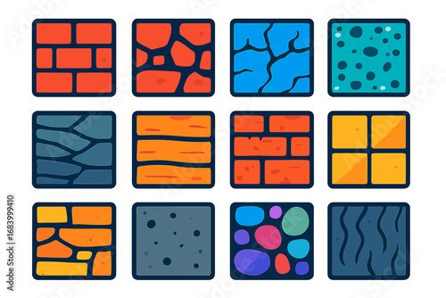 Bold Texture Icons. Flat vector icons of brick and stone textures: smooth brick, rough stone, cracked mortar, polished granite,