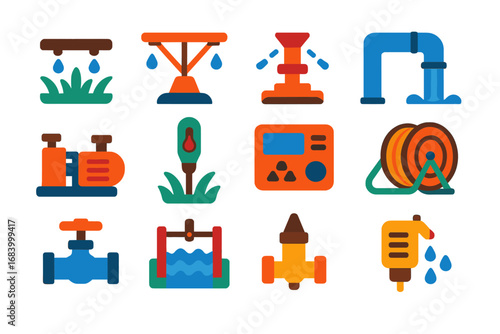 Field Irrigation Icons. Flat vector icons of field irrigation systems: drip line, pivot system, sprinkler, irrigation pipe, water