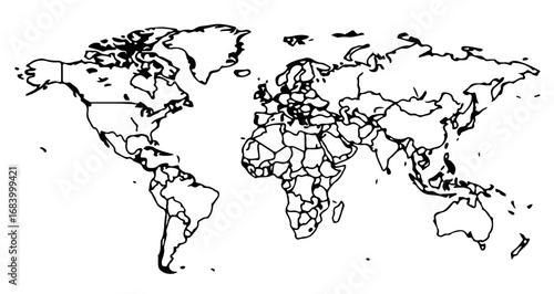 Hand drawn world map in black and white for geography and travel concept