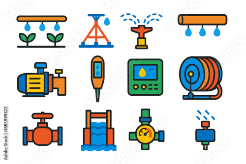 Field Irrigation Icons. Flat vector icons of field irrigation systems: drip line, pivot system, sprinkler, irrigation pipe, water