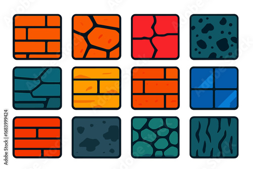 Bold Texture Icons. Flat vector icons of brick and stone textures: smooth brick, rough stone, cracked mortar, polished granite,