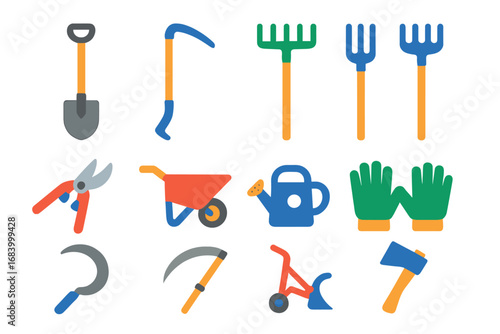 Modern Farm Tool Icons. Flat vector icons of farm tools: shovel, hoe, rake, pitchfork, pruning shears, wheelbarrow, watering can,