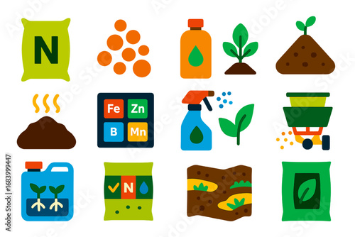 Agricultural Fertilizer Icons. Flat vector icons of agricultural fertilizers and nutrients: nitrogen bag, phosphorus pellets,