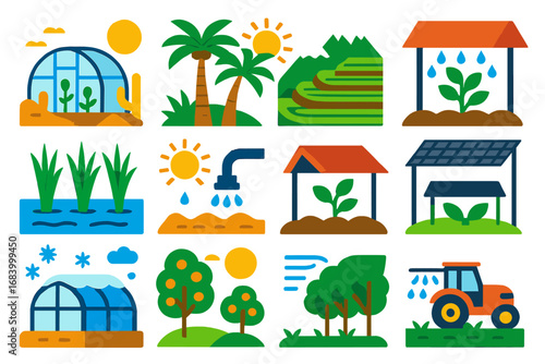 Colorful Climate Agriculture Icons. Flat vector icons of agriculture in different climates: desert greenhouse, tropical plantation