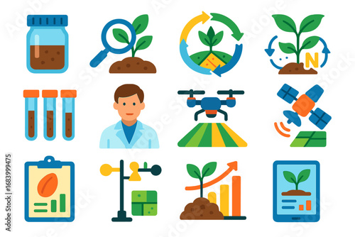 Agronomy Science Icons. Flat vector icons of agronomy science: soil sample jar, magnifying lens over plant, crop rotation chart,