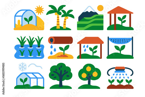 Colorful Climate Agriculture Icons. Flat vector icons of agriculture in different climates: desert greenhouse, tropical plantation
