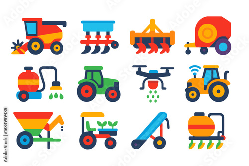 Agricultural Machinery Icons. Flat vector icons of agricultural mechanization: combine harvester, seed planter, rotary tiller,