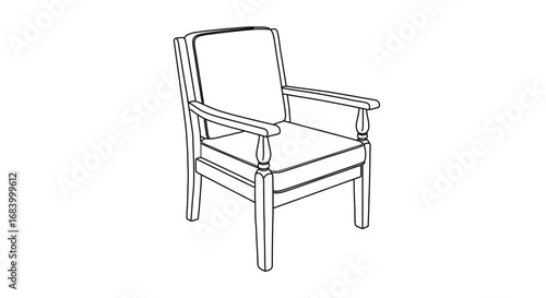Illustration of a comfortable armchair with cushions and wooden frame