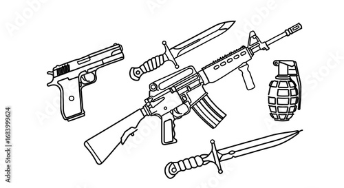 Illustration of various weapons including a rifle, pistol, knife, and grenade