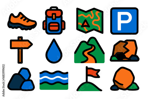 Hiking Adventure Icons. Flat vector icons of approach and exit: trail shoes, gear pack, topo map, parking area, trailhead sign,