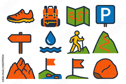 Hiking Adventure Icons. Flat vector icons of approach and exit: trail shoes, gear pack, topo map, parking area, trailhead sign,