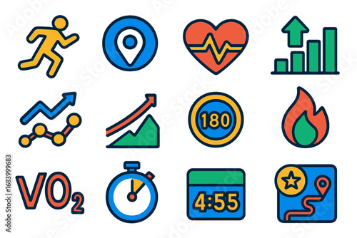 Minimalist Running Icons. Flat vector icons of running metrics: pace icon, distance meter, heart rate icon, stride length graph,