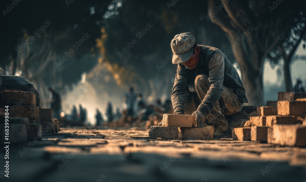 Fototapeta premium A worker meticulously arranges bricks