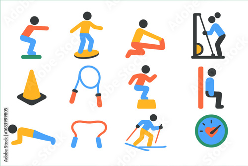 Vibrant Ski Training Icons. Flat vector icons of skiing fitness and training: squat jump, balance board, hamstring stretch, ski