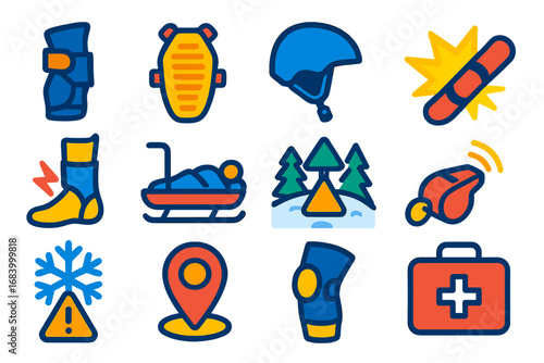 Snowboard Safety Icons. Flat vector icons of snowboard injuries and safety: wrist guard, back protector, helmet icon, crash impact