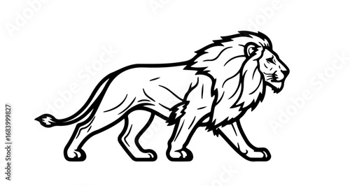 Majestic lion walking, a symbol of strength and courage in a simple black line art