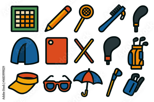 Flat Golf Accessories Icons. Flat vector icons of golf accessories: scorecard, pencil, ball retriever, club brush, rain hood, golf
