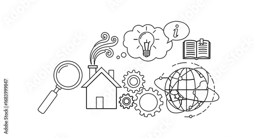 Illustration of business and technology concept with house, gears, globe, and light bulb