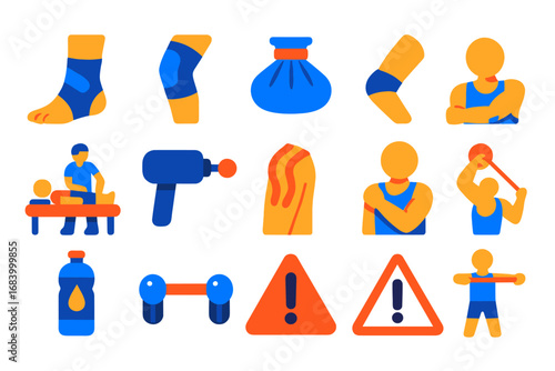 Tennis Injury Icons. Flat vector icons of tennis injuries and recovery: ankle brace, knee support, ice pack, elbow strap,