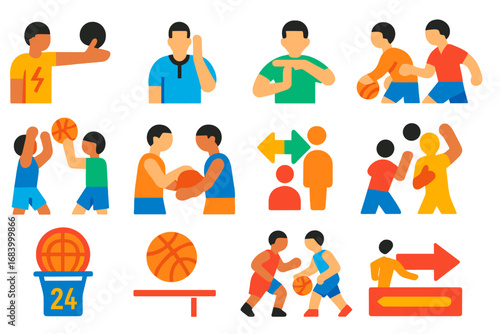 Basketball Rule Icons. чFlat vector icons of basketball rules and symbols: foul icon, technical foul, timeout signal, traveling