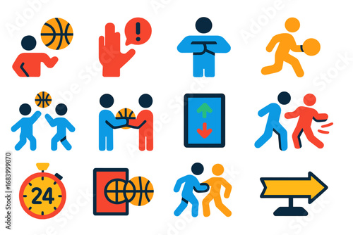 Basketball Rule Icons. чFlat vector icons of basketball rules and symbols: foul icon, technical foul, timeout signal, traveling
