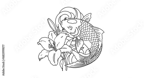 Koi fish with lily flower drawing, a symbol of luck and prosperity