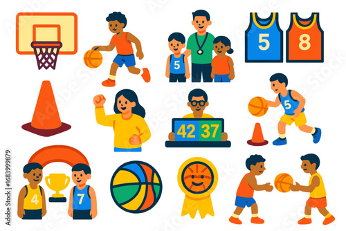 Youth Basketball Icons. чFlat vector icons of youth basketball: mini hoop, child dribbling, coach with kids, team jersey set,