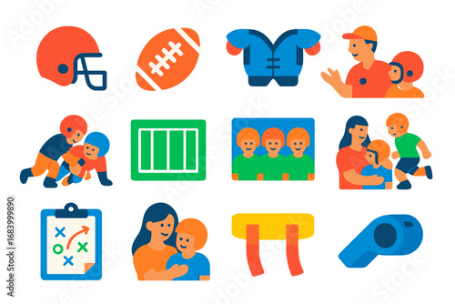 Youth Football Icons. чFlat vector icons of youth football: small helmet, peewee football, junior pads, coach with kids, youth