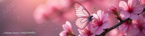 Delicate butterfly with translucent wings resting on vibrant pink sakura blossoms , macro, bloom