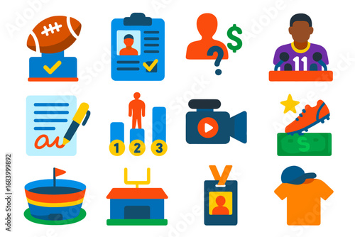 Football Elements Icons. чFlat vector icons of professional football elements: draft pick icon, scouting report, free agency icon,