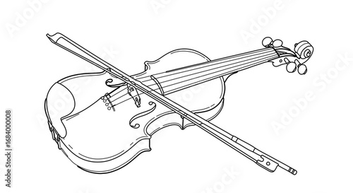 Detailed illustration of a violin with a bow, a classic musical instrument