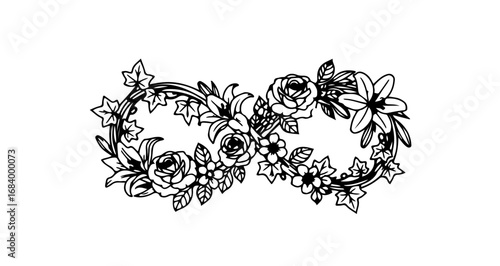 Infinity symbol decorated with flowers and leaves