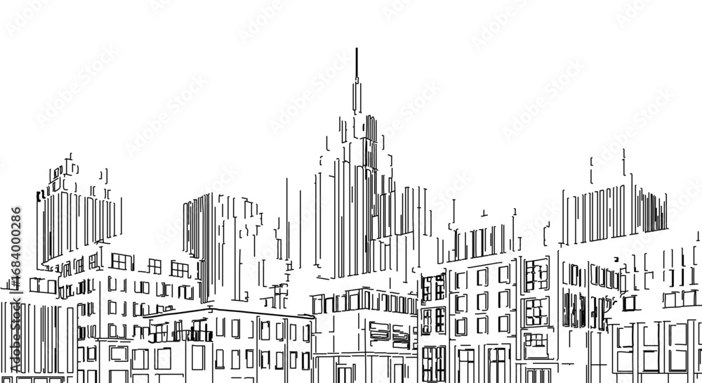 Naklejka premium Cityscape sketch featuring modern architecture and skyscrapers