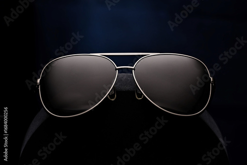 Stylish aviator sunglasses on dark background