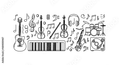 Hand drawn musical instruments and notes in doodle style illustration
