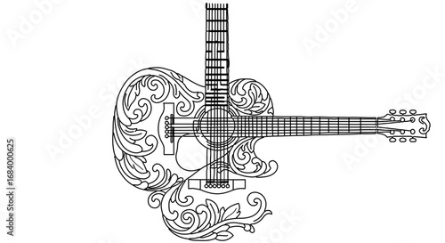 Ornate guitar illustration, showcasing musical instrument and artistic design