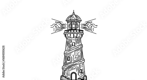 Detailed lighthouse illustration, showcasing maritime navigation and safety