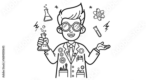 Scientist with flasks and atom, , a science experiment illustration