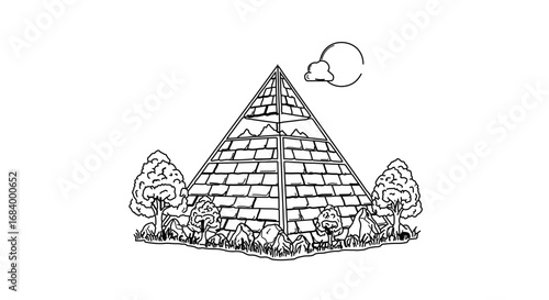 Illustration of an ancient pyramid with trees and a cloud