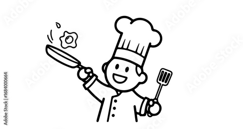 Cheerful chef flipping an egg in a pan, holding a spatula