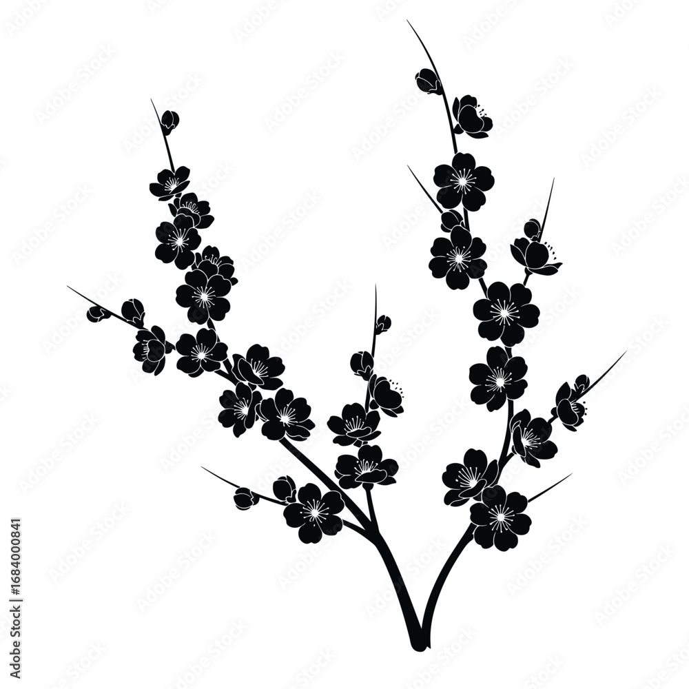 Naklejka premium Elegant black silhouette of cherry blossom branches with delicate flowers for artistic design and spring themes