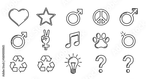 Collection of hand drawn doodle icons, including heart, star, and peace sign